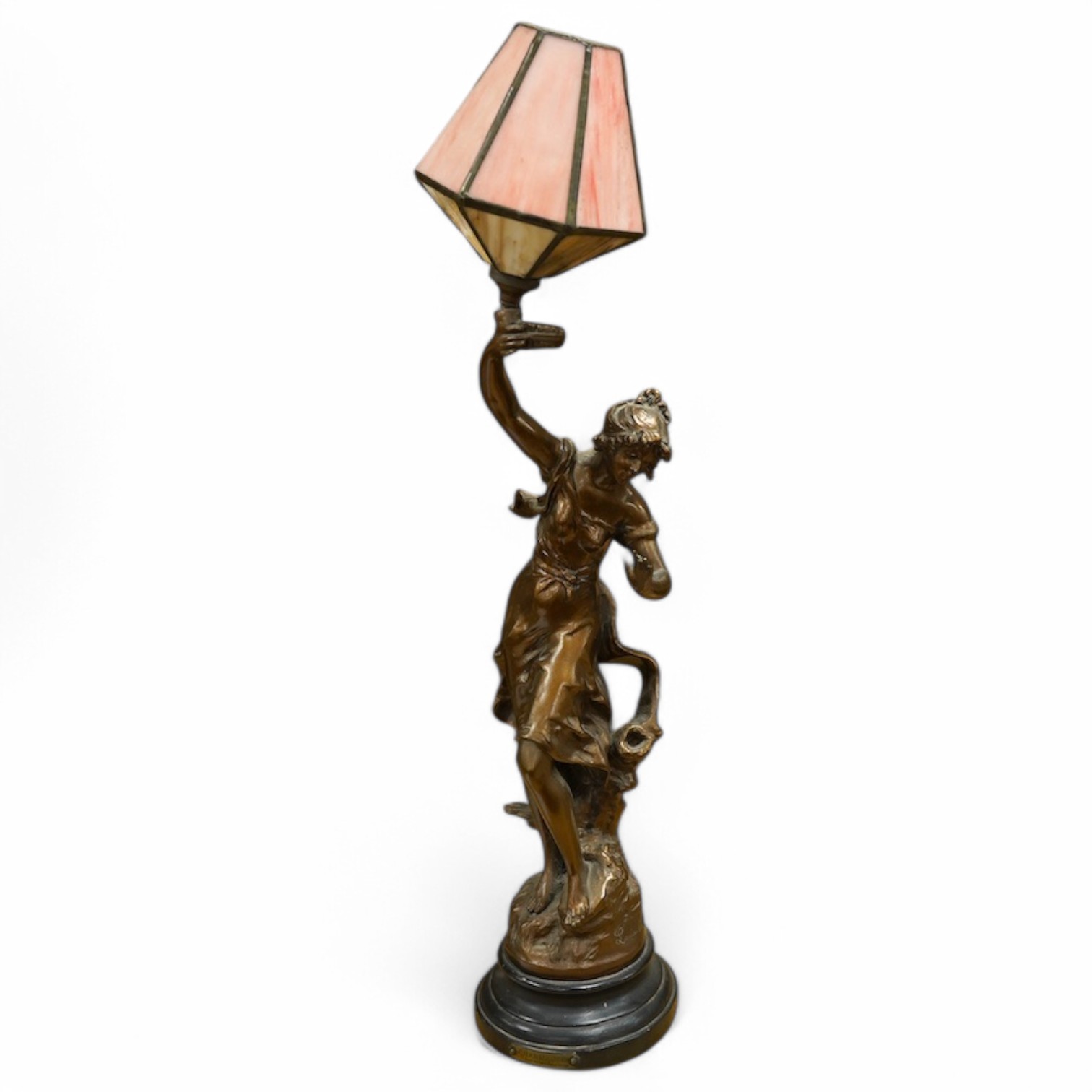 After Louis Auguste Moreau (1855-1919), a spelter figural table lamp ‘Charmeuse’, 67cm. Condition - good, not tested